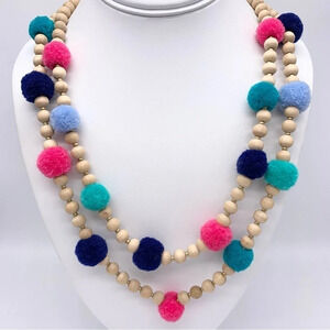 J. Crew Double Strand Mint Green and Coral/Pink Pom Pom Necklace